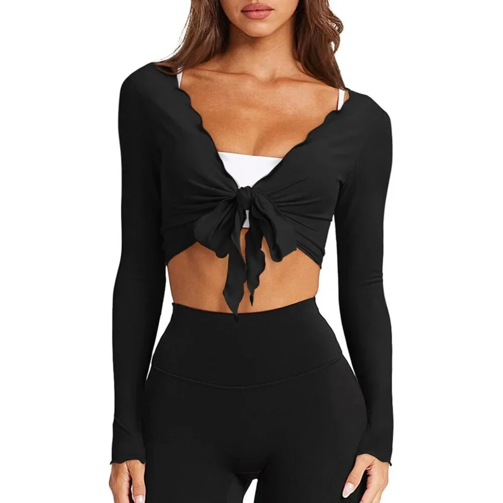 Womens Wrap Top Long Sleeve V-Neck Crop Cardigan Yoga Pilates Cover Up - Picture 1 of 5